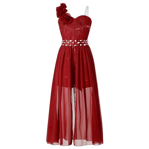 Nyeemya Mädchen Festlich Jumpsuit Overall mit Chiffon Rock Schlitz Spitzen Blumenmädchen Kleider Hochzeit Festzug Outfits Burgundy 146-152 von Nyeemya