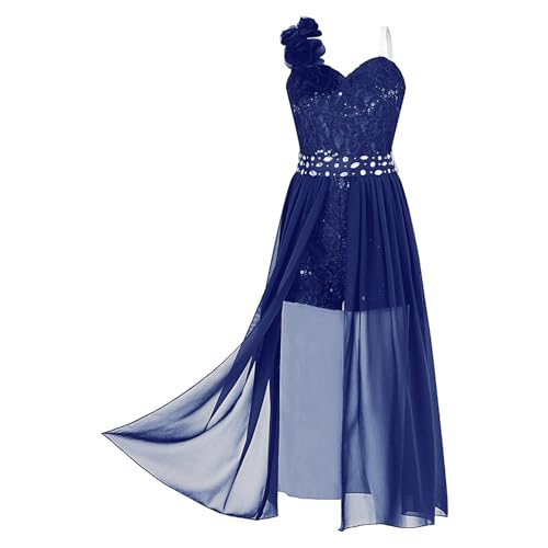 Nyeemya Mädchen Festlich Jumpsuit Overall mit Chiffon Rock Schlitz Spitzen Blumenmädchen Kleider Hochzeit Festzug Outfits Navy Blau 146-152 von Nyeemya