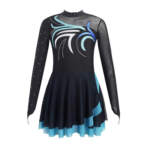 Nyeemya Mädchen Glänzende Gymnastikanzug Eiskunstlauf Kleid Langarm Ballettkleid Tanzkleid Rollschuh Sakter Kleider Tanzkleidung Himmelblau 158-164 von Nyeemya
