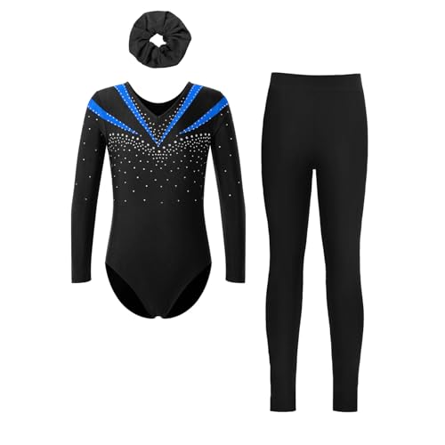 Nyeemya Mädchen Glitzer Turnanzug Gymnastikanzug Trikot Langarmbody mit Hose und Haarband Set Tanzkostüme 5-16 Jahre Blau Schwarz 170 von Nyeemya