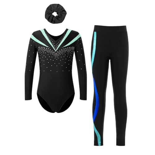 Nyeemya Mädchen Glitzer Turnanzug Gymnastikanzug Trikot Langarmbody mit Hose und Haarband Set Tanzkostüme 5-16 Jahre Hellgrün 134-140 von Nyeemya