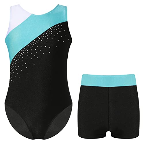 Nyeemya Mädchen Gymnastikanzug Turnanzug mit Kurze Hose Shorts Sport Zweiteiler Ballett Tanz Training Leotard Bekleidungsset Blau Grün B 134-140 von Nyeemya