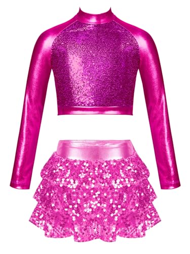 Nyeemya Mädchen Hip Hop Tanzkleidung Kinder Bauchfrei Crop Top Bauchfrei Oberteil + Rock Set Pailletten Tanzkostüm Hot Pink 134-140 von Nyeemya