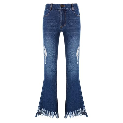 Nyeemya Mädchen Jeans Schlaghose mit Unregelmäßigen Quasten Dehnbar Bootcut Elastische Taille Skinny Denim Hose Dunkelblau 134-140 von Nyeemya