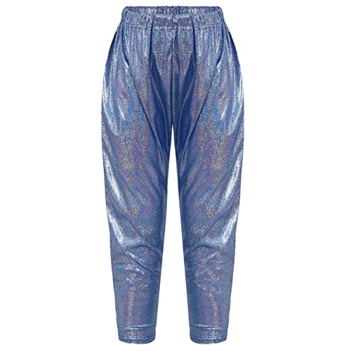 Nyeemya Mädchen Jungen Metallic Hip Hop Tanzhose Loose Fit Lange Hose Dehnbund Baggy Pants Disco Hippie Outfits Royal Blau 134-140 von Nyeemya