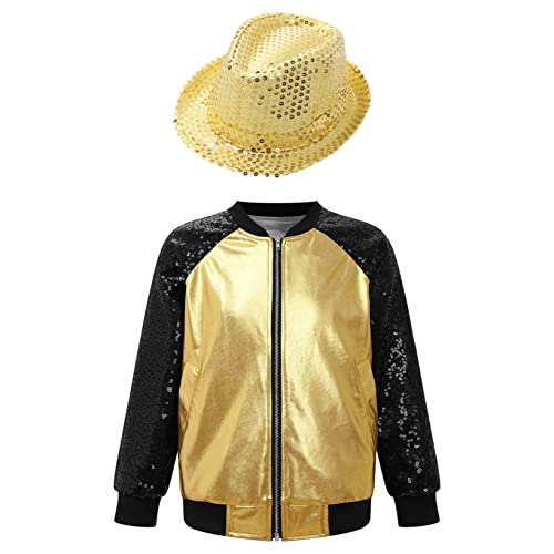 Nyeemya Mädchen Jungen Pailletten Sport Baseball Bomber Jacke Zipper Mantel mit Glitzer Hut Mütze Festlich Jacket Party Disco Tanz Outfits Gold 134-140 von Nyeemya