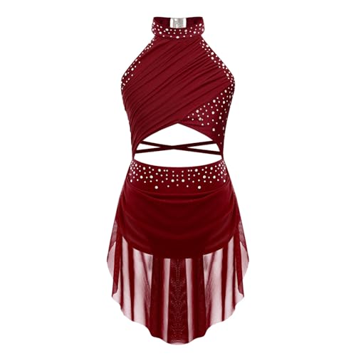 Nyeemya Mädchen Kleid Ballettkleid Kinder Ballett Trikot Ärmellos Glitzer Gymnastikanzug Ballettanzug Performance Tanzkleid Burgundy 158-164 von Nyeemya