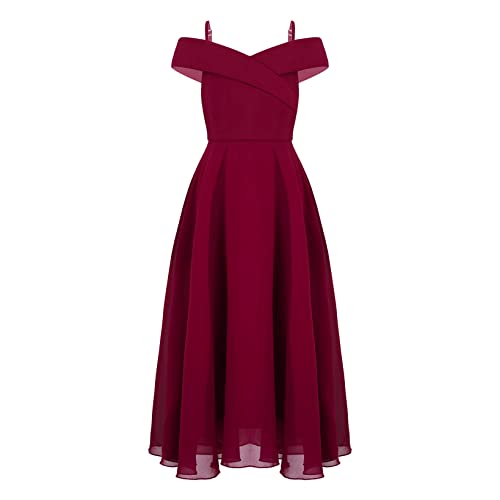 Nyeemya Mädchen Kleid Elegant Partykleid Schulterfrei Kleid mit Spaghettiträgern Blumenmädchenkleid Prinzessin Kleid Chiffonkleid Dunkelrot 158-164 von Nyeemya