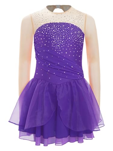 Nyeemya Mädchen Langarm Eiskunstlauf Kleid Strass Glitzer Leotard Mit Wickelrock Tanzkleid Turnanzug Wettbewerb Tanzkleidung Violett 158-164 von Nyeemya