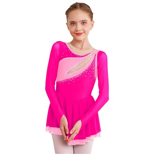 Nyeemya Mädchen Langarm Eislaufkleid Training Glitzer Tanzkleid Patchwork Turnanzug Ballettanzug mit Röckchen Wettbewerb Tanzkleidung Hot Pink A 134-140 von Nyeemya