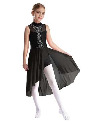 Nyeemya Mädchen Lyrisch Tanzkleid Ärmelloses Glitzer Ballettkleid Ballerina Turnanzug mit Asymmetrische Rock Modern Tanzkleidung Schwarz 158-164 von Nyeemya