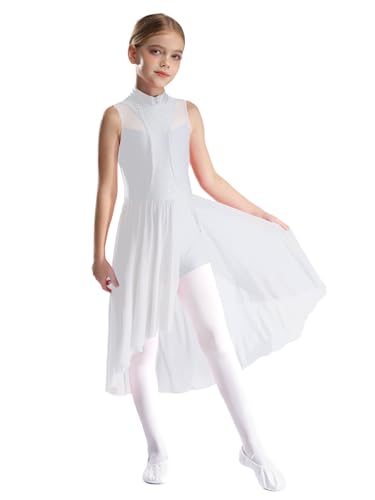 Nyeemya Mädchen Lyrisch Tanzkleid Ärmelloses Glitzer Ballettkleid Ballerina Turnanzug mit Asymmetrische Rock Modern Tanzkleidung Weiß 146-152 von Nyeemya