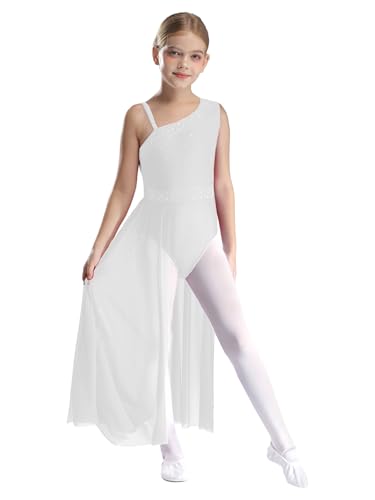 Nyeemya Mädchen Lyrisch Tanzkleid Glitzer Ballettkleid Asymmetrische Schulter Ärmellos Modern Contemporary Tanzkleidung Weiß 122-128 von Nyeemya