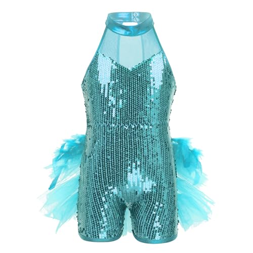 Nyeemya Mädchen Pailletten Tanz Kostüm Hip Hop Latein Salsa Kleid Stehkragen Tanzanzug Jumpsuit mit Shorts Giltzernde Gymnastikanzug Hellblau 134-140 von Nyeemya