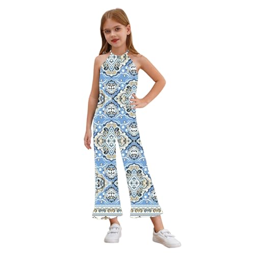 Nyeemya Mädchen Sommerhose Jumpsuit Boho Lang Druck Overall Playsuit Ärmellos asual Lose Leichte Einteiler Rompers Hellblau 146-152 von Nyeemya