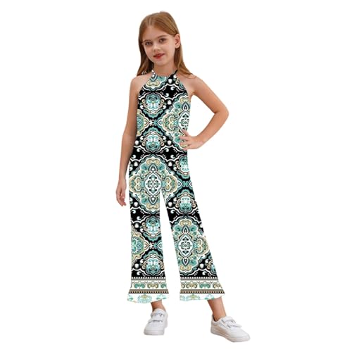 Nyeemya Mädchen Sommerhose Jumpsuit Boho Lang Druck Overall Playsuit Ärmellos asual Lose Leichte Einteiler Rompers Schwarz 146-152 von Nyeemya