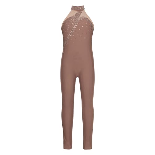 Nyeemya Mädchen Turnanzug Ganzkörper Ärmellos Gymnastikanzug Leotard Jumpsuit Turnbody Glitzer Trikot Tanzbekleidung Braun 146-152 von Nyeemya