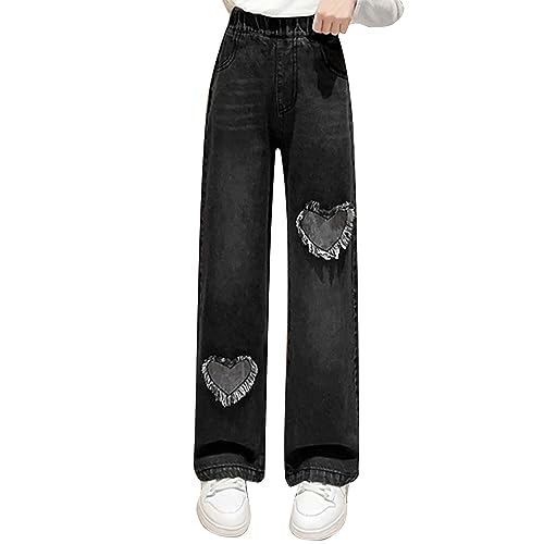 Nyeemya Mädchen Wide Leg Zerrissene Jeans Hose mit Elastisch Bund Waist Denim Pants Lange Schlaghose Vintage Hose Schwarz B 146-152 von Nyeemya