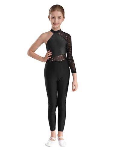 Nyeemya Turnanzug Ganzkörper Kinder Mädchen LEin Schulter Gymnastik Jumpsuit Glitzer Trikot Eiskunstlauf Gymnastikanzug Tanzkostüm Schwarz 122-128 von Nyeemya