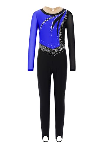 Nyeemya Turnanzug Mädchen Langarm Ganzkörper Voltigieranzug Strass Glitzer Sport Overall Patchwork Jumpsuit Trikotanzug Mit Steg Blau 146-152 von Nyeemya