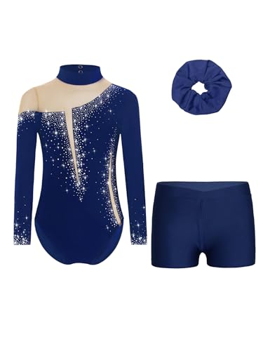 Nyeemya Turnanzug Mädchen mit Hose Bodysuit Balletttanzanzug Gymnastikanzug Tanzbody Shorts und Haarband Set B Marineblau 146-152 von Nyeemya