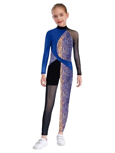 Nyeemya Voltigieranzug Mädchen Ganzkörper Kinder Langarm Gymnastikanzug Stehkragen Overall Sport Jumpsuit Schlangenmuster Patchwork Leotard Dancewear Marineblau 146-152 von Nyeemya