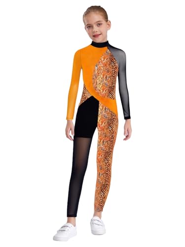 Nyeemya Voltigieranzug Mädchen Ganzkörper Kinder Langarm Gymnastikanzug Stehkragen Overall Sport Jumpsuit Schlangenmuster Patchwork Leotard Dancewear Orange 146-152 von Nyeemya
