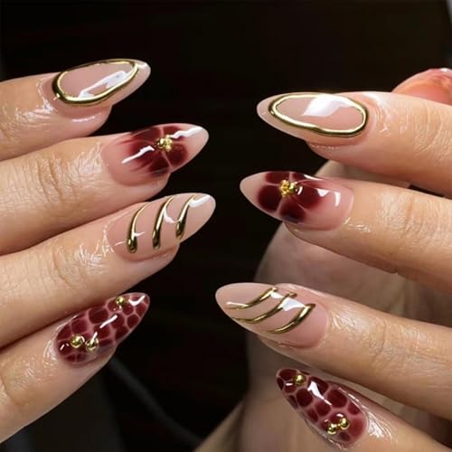 24 Stück Press On Nägel Mittel Almond Braun - Herbst Blume 3D Gold Textur Design Kunstnägel zum Aufkleben - Jelly Gel Tragen Set - Fake Nägel für Frauen Mädchen 24 Stück Press On Nägel Mittel Almond Braun - Herbst Blume 3D Gold Textur Design Kunstnägel zum Aufkleben - Jelly Gel Tragen Set - Fake Nägel für Frauen Mädchen von Nymora