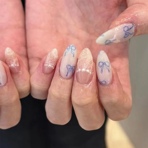Nymora 24 Stück Blau Weiß Schmetterling Aufkleben Nägel - Press On Nägel Mandel French Tip Falsche Nägel mit Jelly Gel Tragen Set für Frauen und Mädchen von Nymora