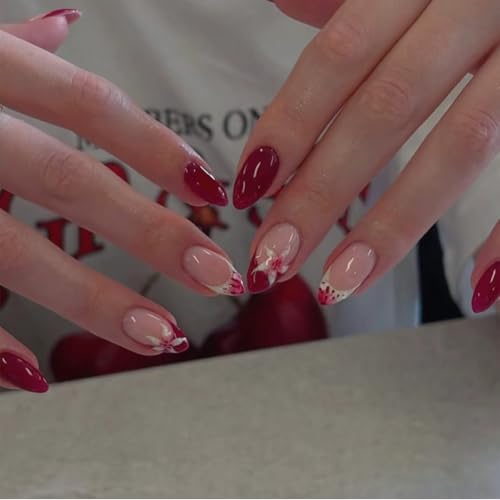 Nymora 24 Stück Fake Nägel zum Aufkleben, Rotes Blumenmuster, Herbst Klebernägel, Mandelförmige Acryl-Kunstnägel, French Press On Nails für Frauen und Mädchen von Nymora