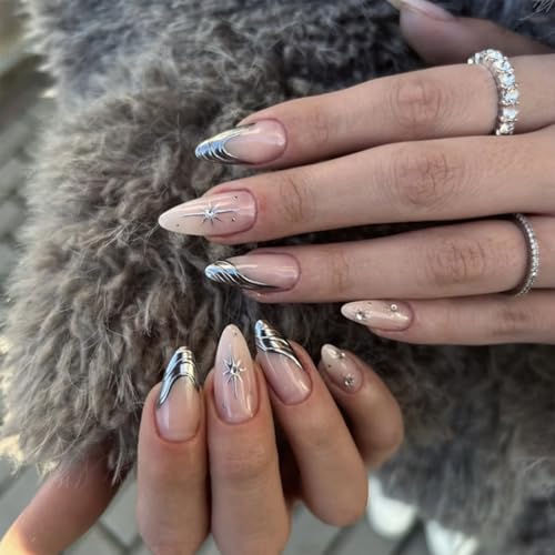 Nymora 24 Stück Handgemachte Press on Nails Mandel Nude mit Silber Herz Print - 24 Stück Set, 3D Strass, Nagelkleber inklusive - für Frauen und Mädchen Nymora 24 Stück Handgemachte Press on Nails Mandel Nude mit Silber Herz Print - 24 Stück Set, 3D Strass, Nagelkleber inklusive - für Frauen und Mädchen von Nymora
