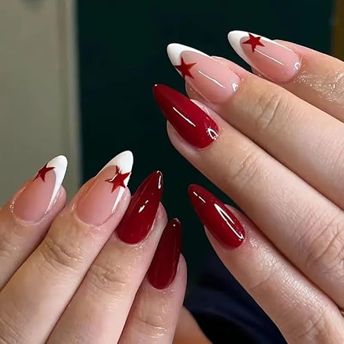 Nymora 24 Stück Mittel Press on Nägel Almond - Rote Finger Nägel mit Sternmotiv - Full Cover Künstliche Falsche Nägel Press on für Frauen & Mädchen (Red Star) von Nymora