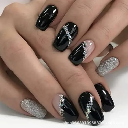 Nymora 24 Stück Schwarze Glitzer Square Press On Nägel - Strass Künstliche Nägel Fingernägel - Fake Nägel zum Aufkleben Frauen Mädchen - Aufklebbare Kunstnägel Nymora 24 Stück Schwarze Glitzer Square Press On Nägel - Strass Künstliche Nägel Fingernägel - Fake Nägel zum Aufkleben Frauen Mädchen - Aufklebbare Kunstnägel von Nymora