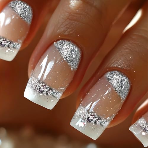 Nymora Press On Nägel, Kunstnägel Zum Aufkleben, Silberne French Tips, 24 Teiliges Fashion Fake Nails Set, Wiederverwendbar & Perfekt Für Frauen & Mädchen von Nymora