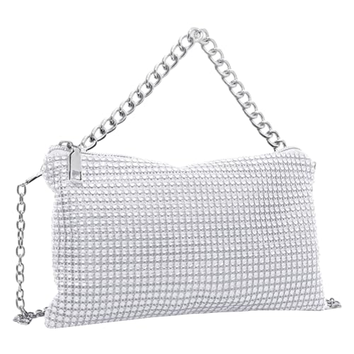 1 Stück Kristall-Silber-Abend-Clutch, Damen-Silber-Handtasche, Damen-Silber-Geldbörse, Handheld-Tasche, Strass-Geldbörse mit abnehmbarer Kette, geeignet für Partys, Hochzeiten und andere Anlässe von NyxSeat