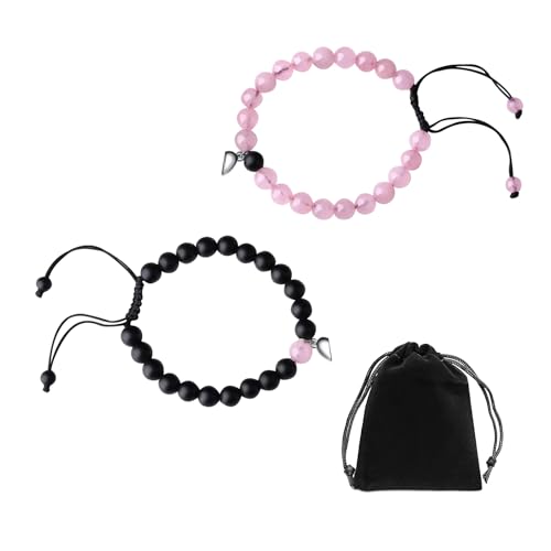 2 Stück Armbänder mit 1 Stück Samtbeutel, Magnetarmbänder für Paare, Freundschaftsarmbänder, Liebesmagnetarmbänder, handgefertigte Perlenarmbänder, geeignet für Paare und Freunde. (Pink Schwarz) von NyxSeat