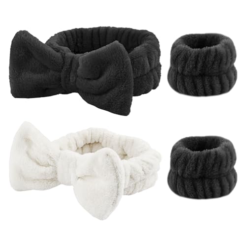 2 Stück Haargummis mit 2 Stück Handgelenkhandtüchern, elastische Gesichtswasch-Stirnbänder für Frauen, Damen- und Mädchen-Accessoires, verstellbare elastische Haargummis (Schwarz, Weiß) von NyxSeat
