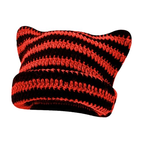 NyxSeat 1 Stück Katzenohren-Beanie-Mütze, Gestrickte Warme Wintermütze Mit Ohren,Flauschige Beanie-Mütze, Randlose Kappe, Passend Für Verschiedene Kopf- Und Gesichtsformen (Schwarz Und Rot). von NyxSeat