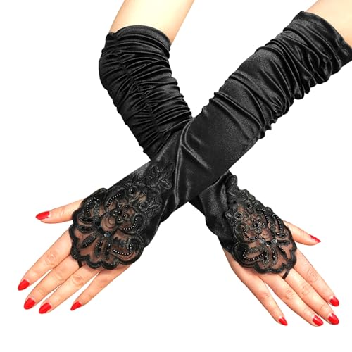 NyxSeat 1 Stück Spitze Blumen Lange Handschuhe Opernhandschuhe Satin Lange Ellenbogenhandschuhe Gothic Stil Retro Fingerlose Handschuhe Geeignet Für Bühnenauftritt Rollenspiele (Schwarz) von NyxSeat