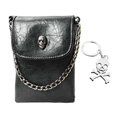 NyxSeat 1 Stück Totenkopf-Umhängetasche aus schwarzem Leder mit 1 Stück Totenkopf-Schlüsselanhänger, Gothic-Geschenk, Neuheits-Umhängetasche, Totenkopf-Umhängetasche, Totenkopf-Geschenk für Frauen von NyxSeat