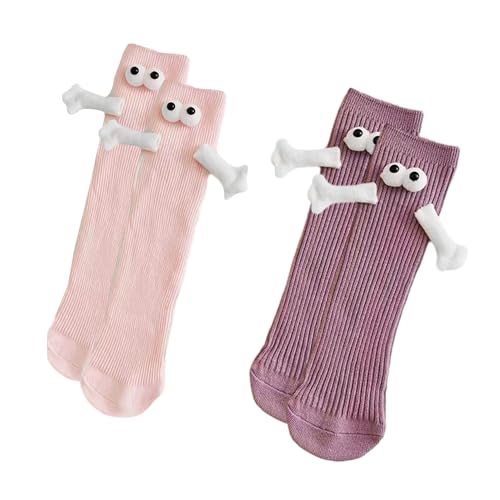 NyxSeat 2 Paar magnetische Cartoon-Socken, magnetische Socken zum Händchenhalten, Cartoon-Paar-Socken, lustige 3D-süße Socken, geeignet für Paare, Kinder usw., lila rosa Socken von NyxSeat