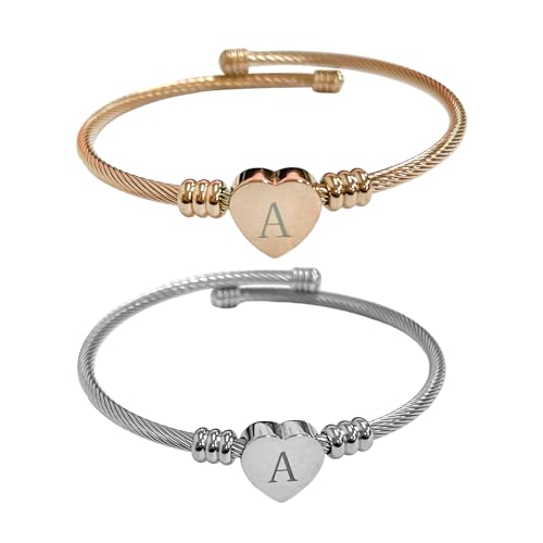 NyxSeat 2 Stück Buchstaben-Draht-Armbänder, Buchstaben-a-Armbänder, Offene Armbänder, Paar-Armbänder, Personalisierte Armbänder, Geschenkarmbänder (Silber, Roségold) von NyxSeat