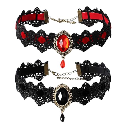 NyxSeat 2 Stück Gothic-Halsketten, Spitzenhalsketten, Retro-Edelstein-Halsketten, Gothic-Halloween-Halsbänder, Damenschmuck (schwarz + rot) von NyxSeat