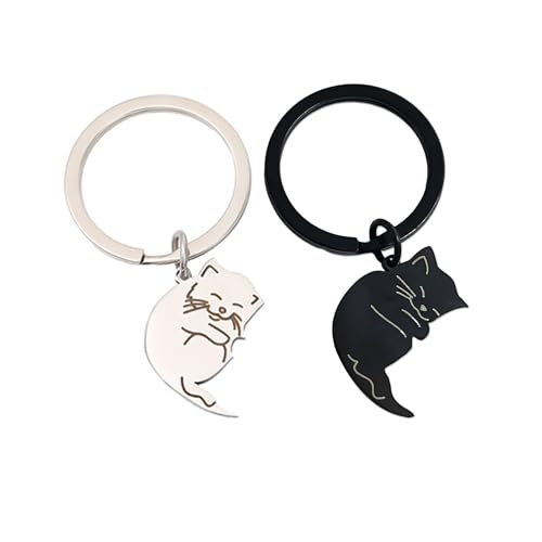 NyxSeat 2 Stück Katzen-Schlüsselanhänger Mit 1 Stück Geschenkbox, Edelstahl-Paar-Schlüsselanhänger, Niedliche Katzen-Anhänger-Charms, Geschenke Für Liebhaber Und Freunde (Schwarz, Silber) von NyxSeat