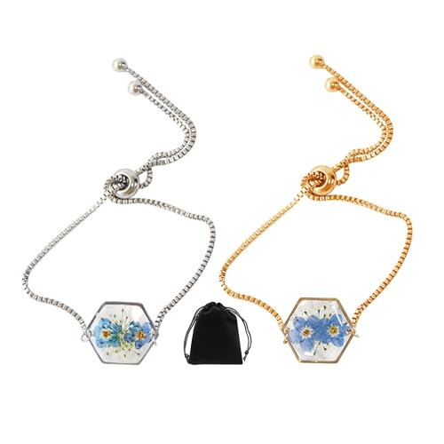 NyxSeat 2 Stück Vergissmeinnicht-Armbänder, Wildblumen-Armbänder, mit Harz geprägte Goldarmbänder, handgefertigter Blumenschmuck, Vermissten- und Abschiedsgeschenke, perfekt für Frauen von NyxSeat