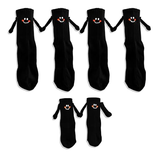 NyxSeat 3 Paar schwarze Familiensocken, die Hände halten, Magnetsocken, süße und lustige Socken mit lächelndem Gesicht, kreative Eltern-Kind-Socken (2 Erwachsene + 1 Kind) von NyxSeat