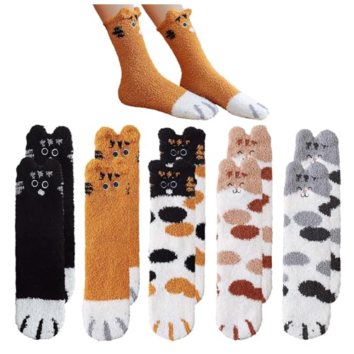 NyxSeat 5 Paar Cartoon-Katzenpfotensocken, Plüschsocken, Wintersocken, Flauschige Socken, Korallenvlies-Bodensocken, Flauschige Hausschuhsocken, Warme Schlafsocken (5 Farben) von NyxSeat