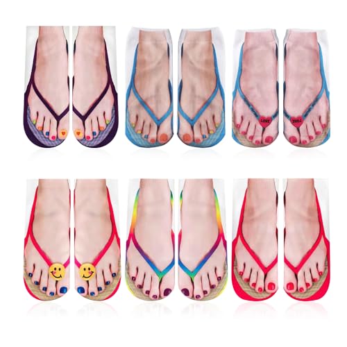 NyxSeat 6 Paar Flip-Flop-Socken, lustige 3D-Muster-Flip-Flop-Socken, modische und lustige Socken für Männer und Frauen, modische Socken mit Nailart-Drucken von NyxSeat