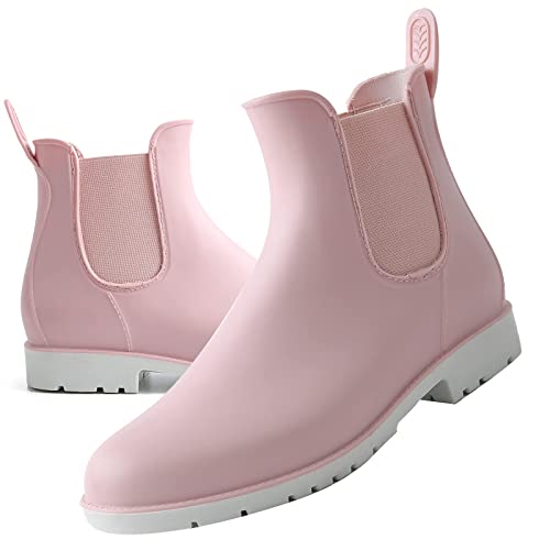 Acfoda Gummistiefel Damen Kurzschaft Regenstiefel Wasserdicht Lack Regenschuhe Frauen Gummistiefeletten Ankle Chelsea Boots mit Blockabsatz Rosa Gr.36 von Acfoda