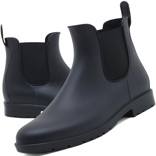 Acfoda Gummistiefel Damen Kurzschaft Regenstiefel Wasserdicht Lack Regenschuhe Frauen Gummistiefeletten Ankle Chelsea Boots mit Blockabsatz Schwarz Gr.36 von Acfoda